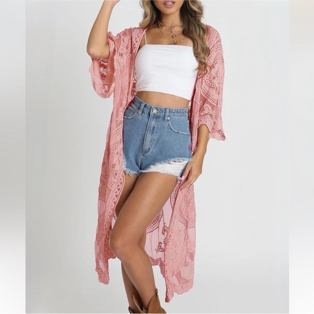 Pink Lace Boho Duster Cardigan